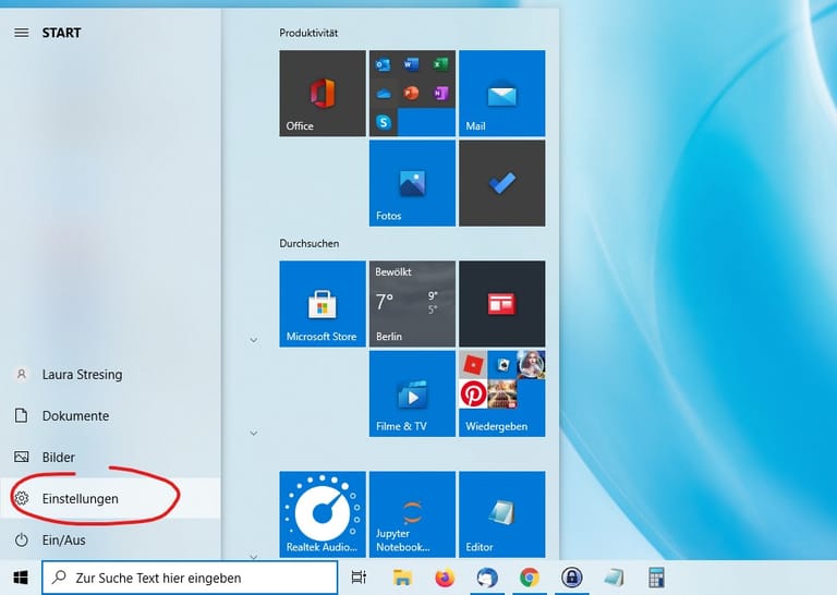 Der einfachste Weg führt über die Windows-Einstellungen. Klicken Sie auf das Zahnrad-Symbol im Startmenü.