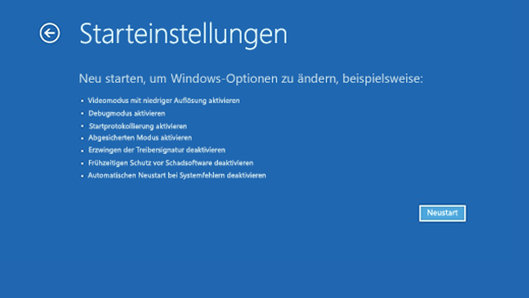 ...und zuletzt auf "Neustart". Windows 10 fährt jetzt im abgesicherten Modus hoch.