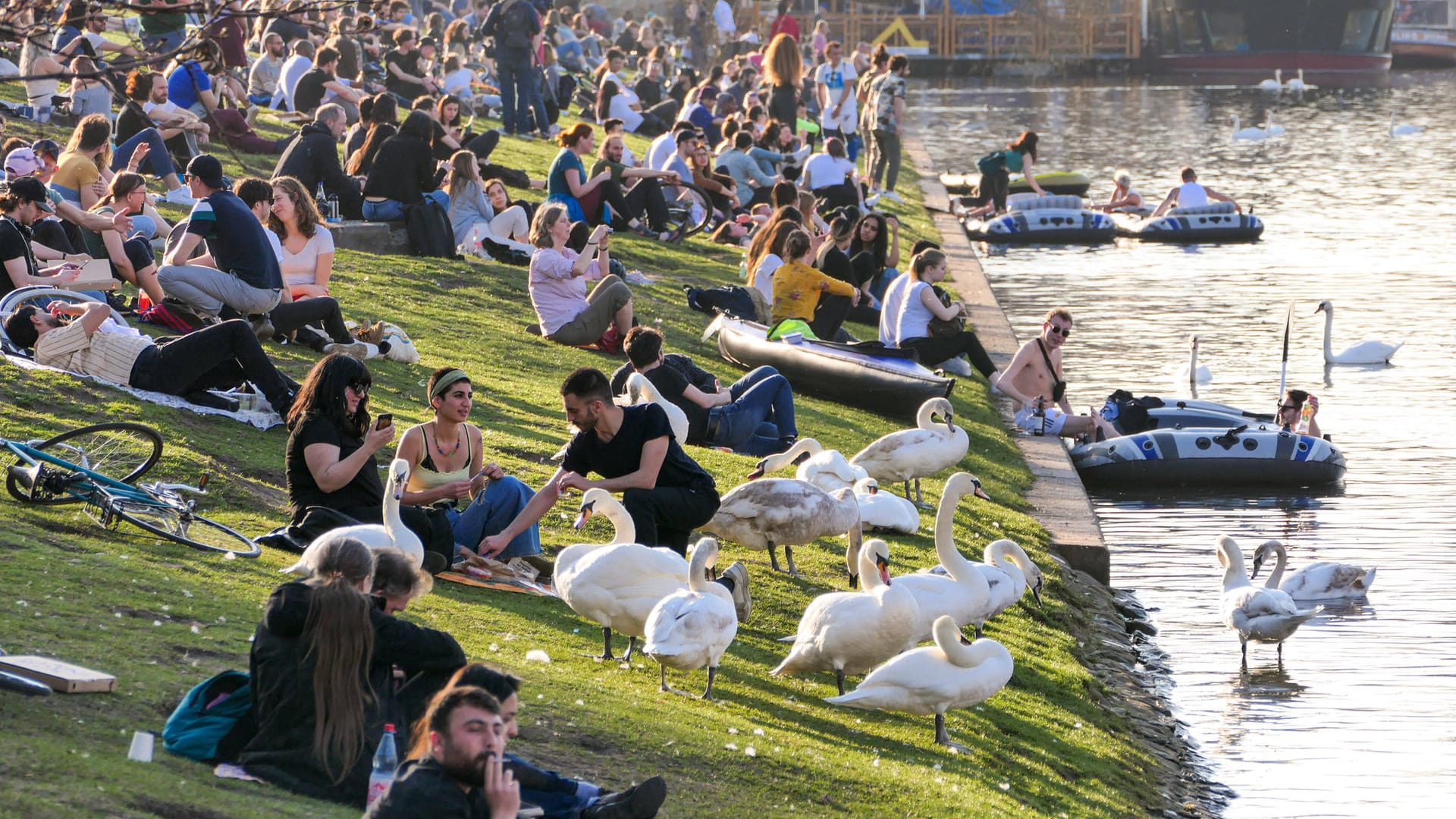 Landwehrkanal: Die Bundeswasserstraße bietet für viele Berlinerinnen und Berliner den Ort am Wasser. Mangt der Schwäne platzierten sich viele Menschen auf der Wiese, obwohl keinerlei Abstand eingehalten wird.