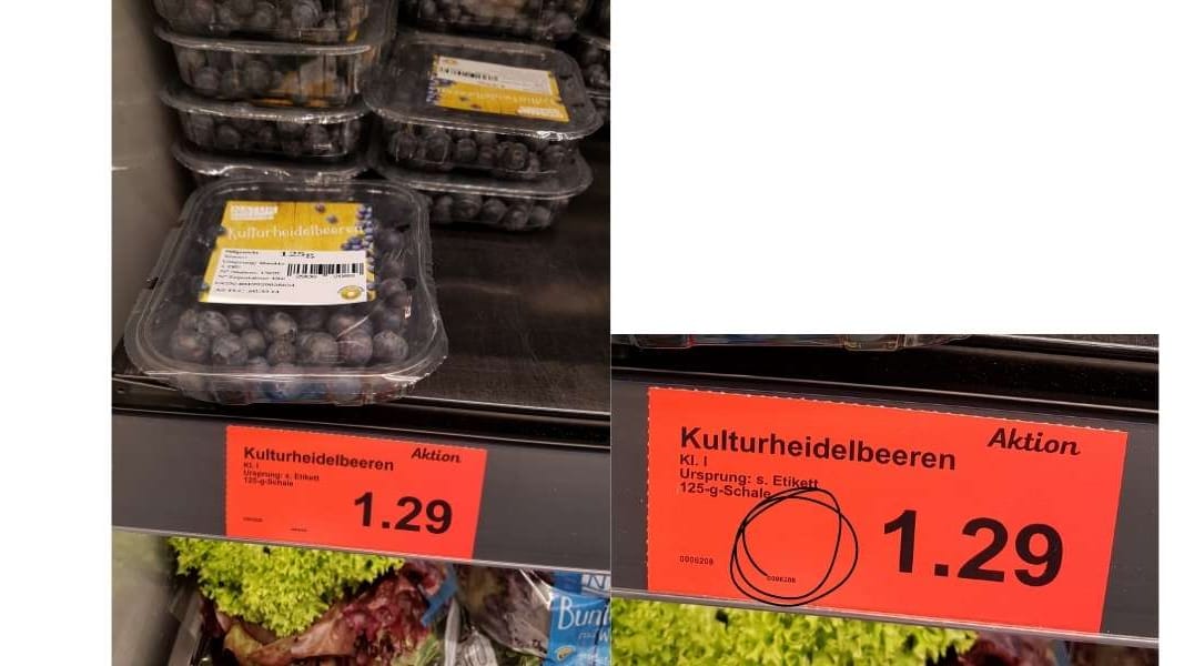 Heidelbeeren: Hier fehlt der Grundpreis. Er müsste pro 100 Gramm oder 1 Kilogramm angegeben werden.