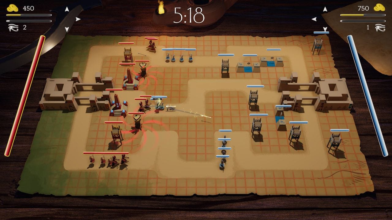 In "Sons of Ra" sind Spielerinnen und Spieler nicht nur Verteidiger, sondern müssen selbst ihre Horden auf die Gegner hetzen. In "Sons of Ra" sind Spielerinnen und Spieler nicht nur Verteidiger, sondern müssen selbst ihre Horden auf die Gegner hetzen.
