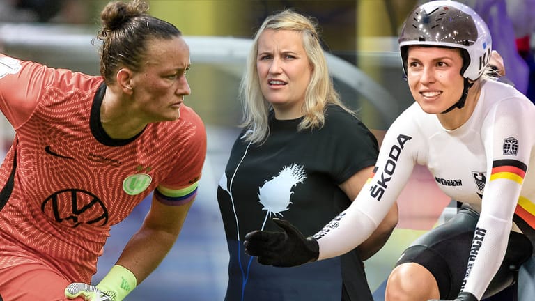 Chelsea-Trainerin Emma Hayes (M.) ist erfolgreich: Sie passt das Training ihrer Spielerinnen auf den weiblichen Zyklus an – auch Wolfsburgs Torhüterin Almuth Schult (l.) und Bahnrad-Weltmeisterin Emma Hinze würden so etwas befürworten.