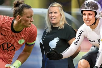 Chelsea-Trainerin Emma Hayes (M.) ist erfolgreich: Sie passt das Training ihrer Spielerinnen auf den weiblichen Zyklus an – auch Wolfsburgs Torhüterin Almuth Schult (l.) und Bahnrad-Weltmeisterin Emma Hinze würden so etwas befürworten.