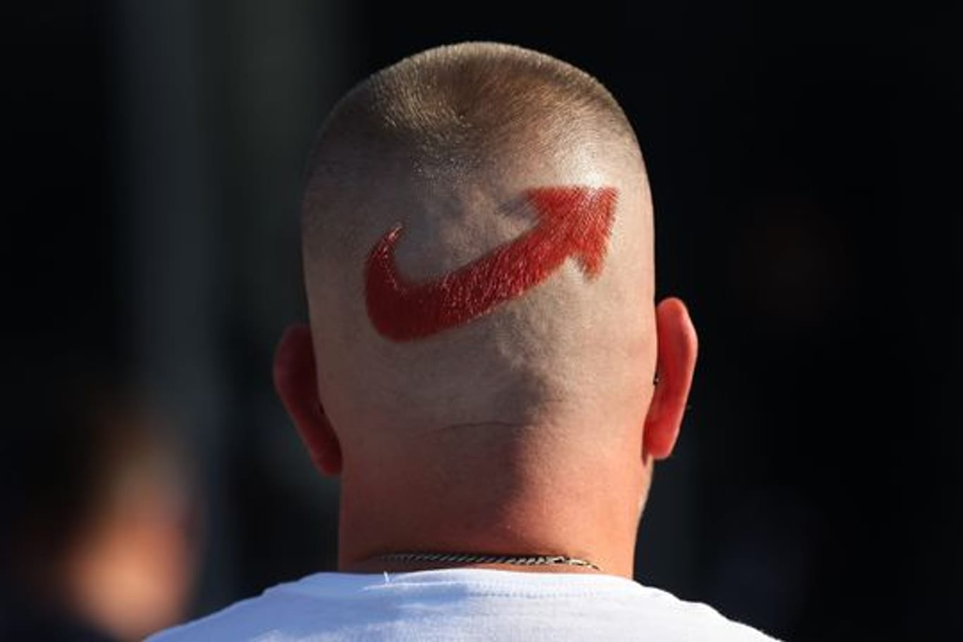 Ein AfD-Anhänger mit einem frisierten Logo der Partei auf dem Hinterkopf.