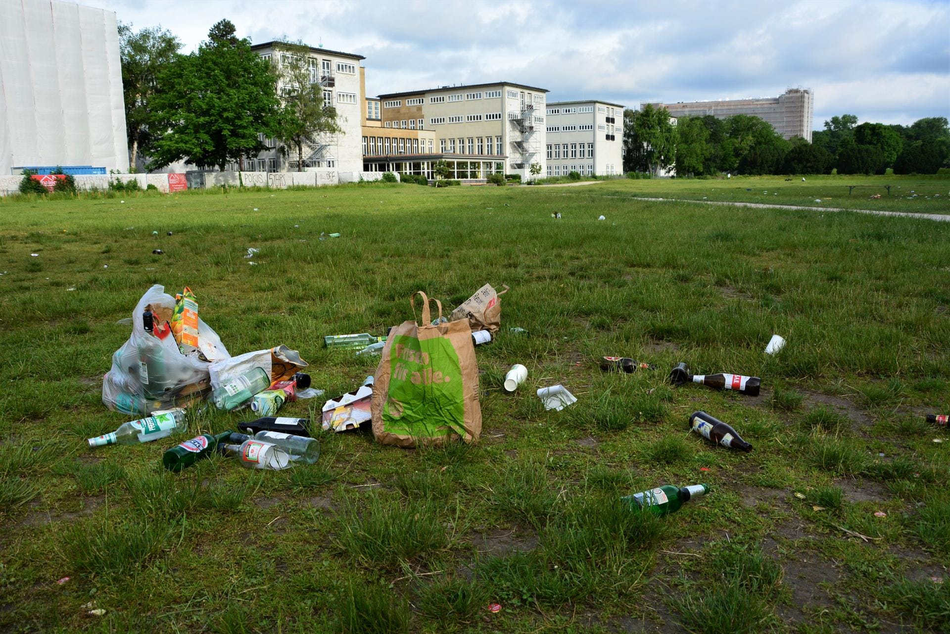 Wiese hinter der Universität zu Köln: Auch hier haben es manche Liegewiesenbesucher versäumt, ihren Abfall wieder mitzunehmen.
