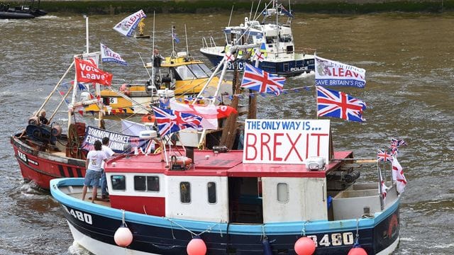 Vor fünf Jahren auf der Themse: Fischerboote werben für den Brexit. Vor fünf Jahren auf der Themse: Fischerboote werben für den Brexit.