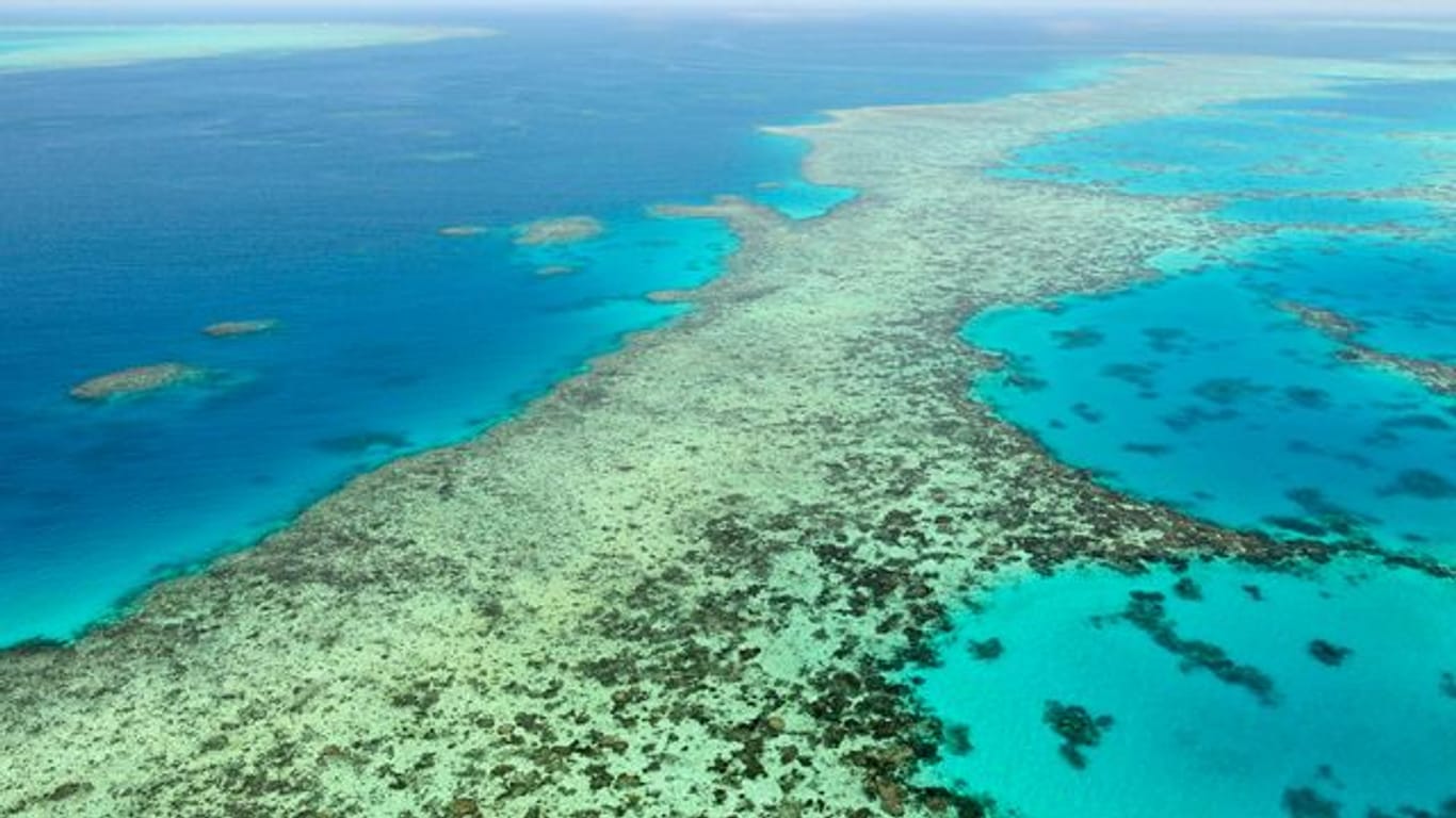 Die Luftaufnahme zeigt das Great Barrier Reef in Australien am 2.
