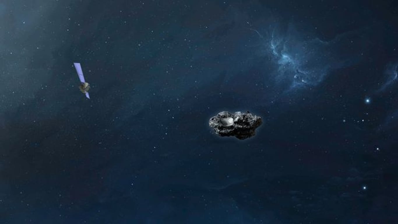 Die Computersimulation zeigt die Sonde "Hera" im Anflug auf den Asteroiden Didymoon.