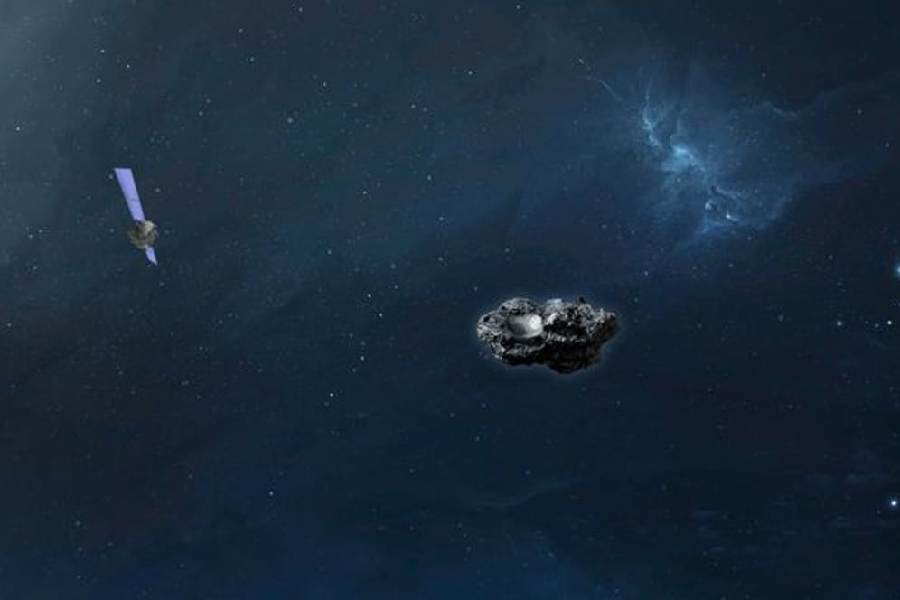 Die Computersimulation zeigt die Sonde "Hera" im Anflug auf den Asteroiden Didymoon.