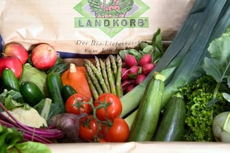Eine mit Obst, Gemüse und Kräutern gefüllte Kiste des Bio-Lieferservice "Landkorb".