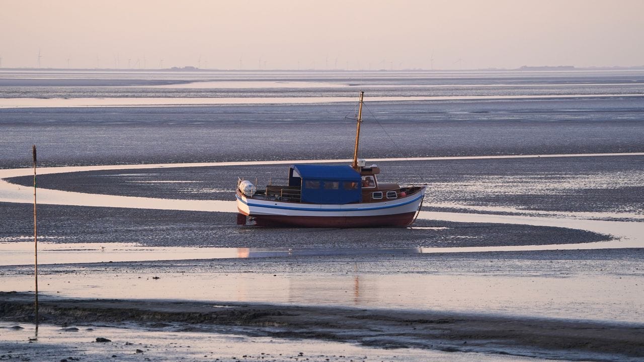 Ein Boot liegt im Watt vor der Nordseeinsel Pellworm.