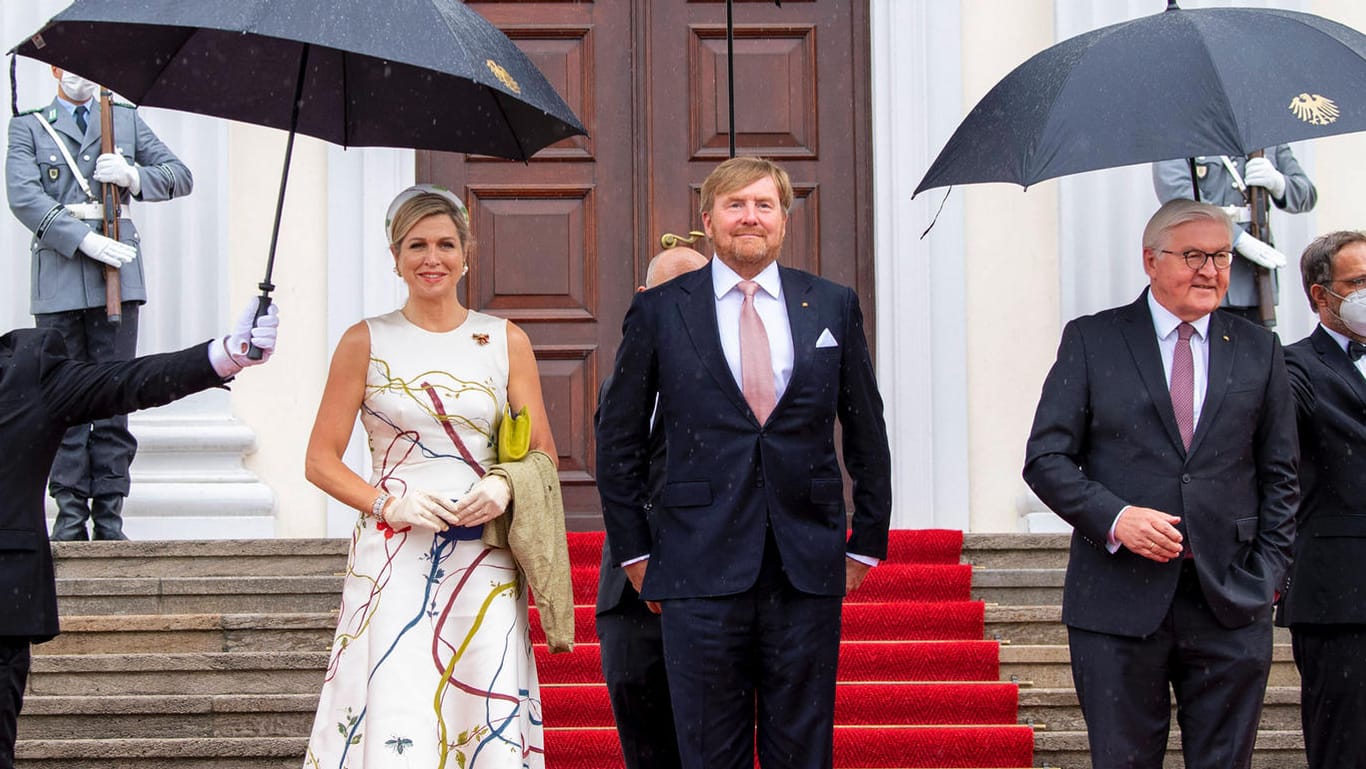 Die niederländischen Royals posieren unter Regenschirmen für die Fotografen.