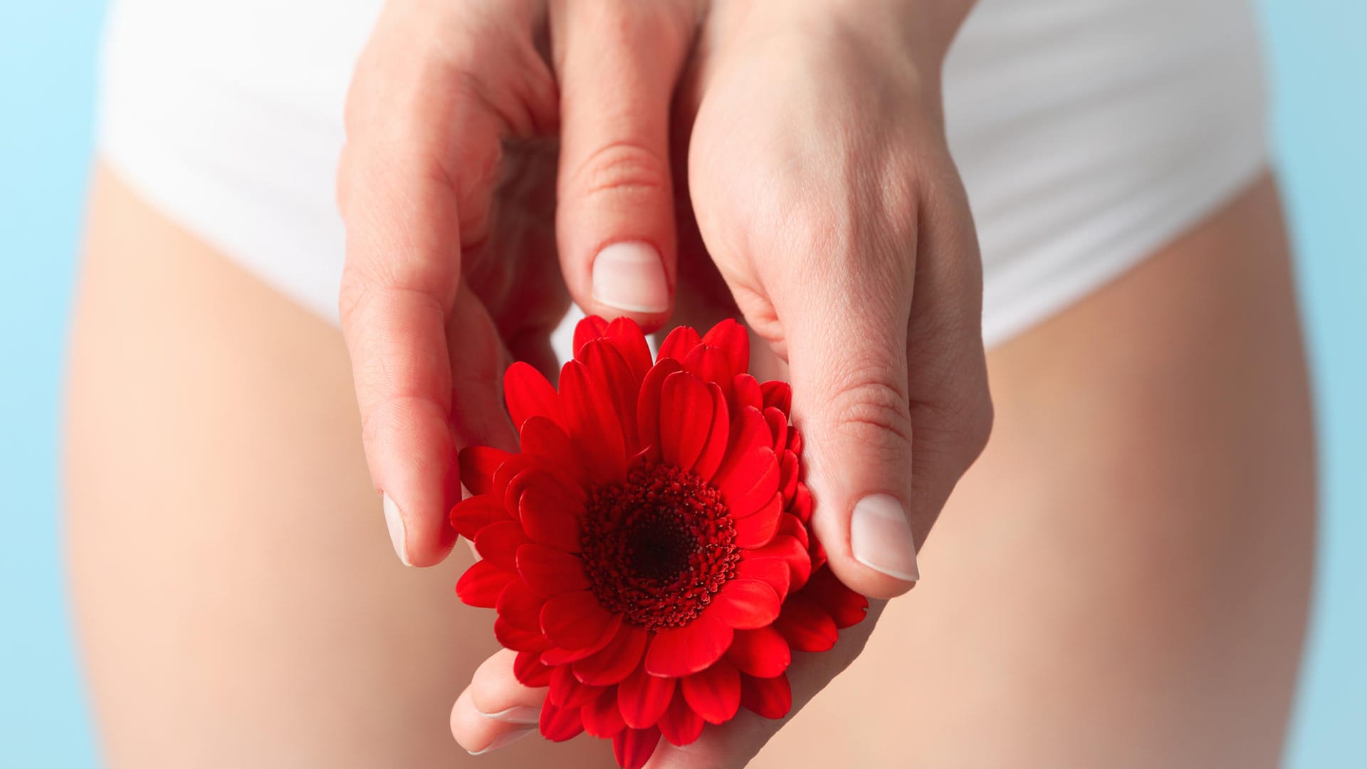 Frau in Slip hält eine Blume vor den Schritt. Eine gesunde Scheidenflora schützt vor lästigen Infektionskrankheiten im Intimbereich.