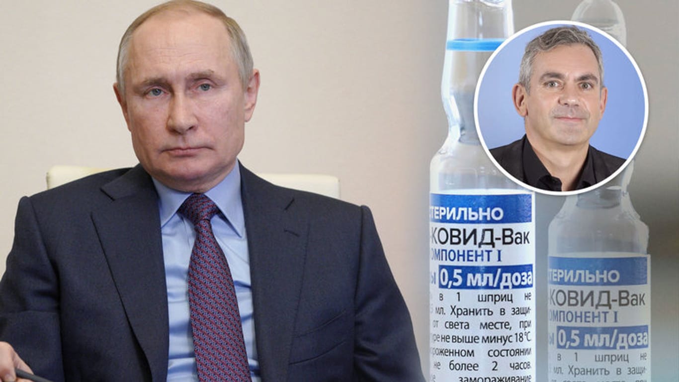 Wladimir Putin und Sputnik V (Bildmontage t-online): Der russische Impfstoff ist umstritten, sagt Wladimir Kaminer.