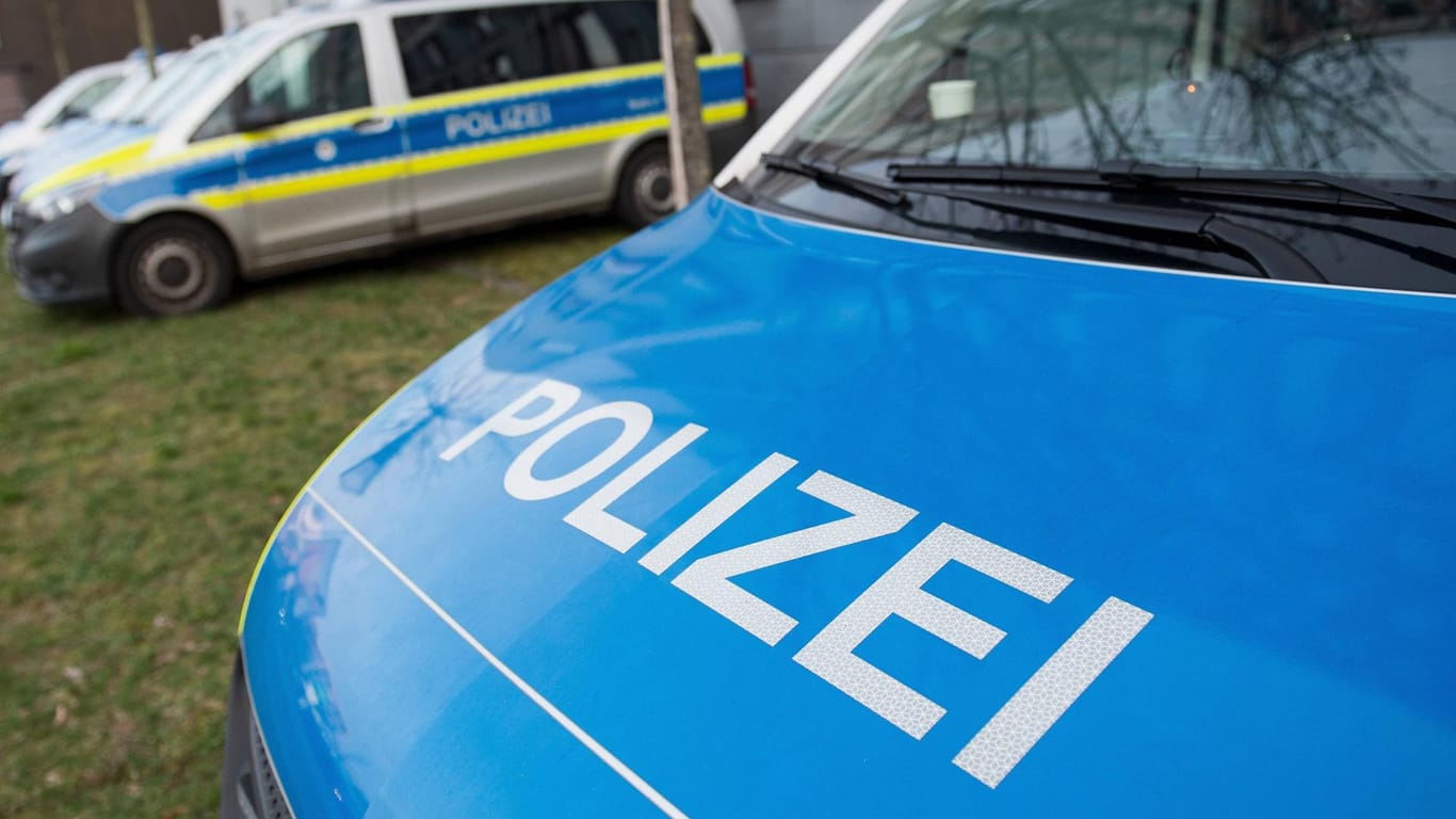 Ein Polizeiwagen parkt auf einer Grünfläche: In Ober-Olm sollen am Samstagabend vier Verdächtige aus einem fahrenden Auto heraus Schüsse abgefeuert haben.