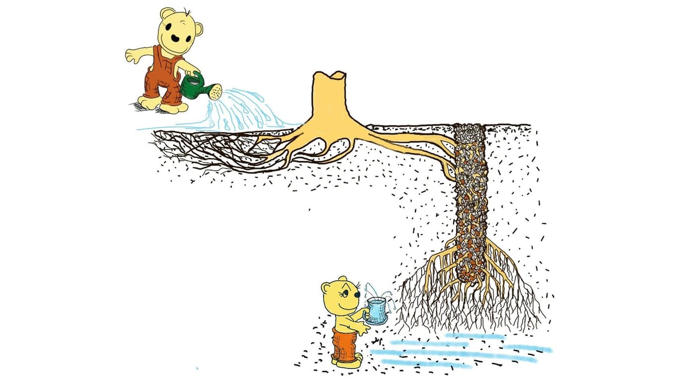Die Methode als Cartoon: Der Splitzylinder (rechts) könnte auch Baumwurzeln in tiefere Bodenschichten locken.