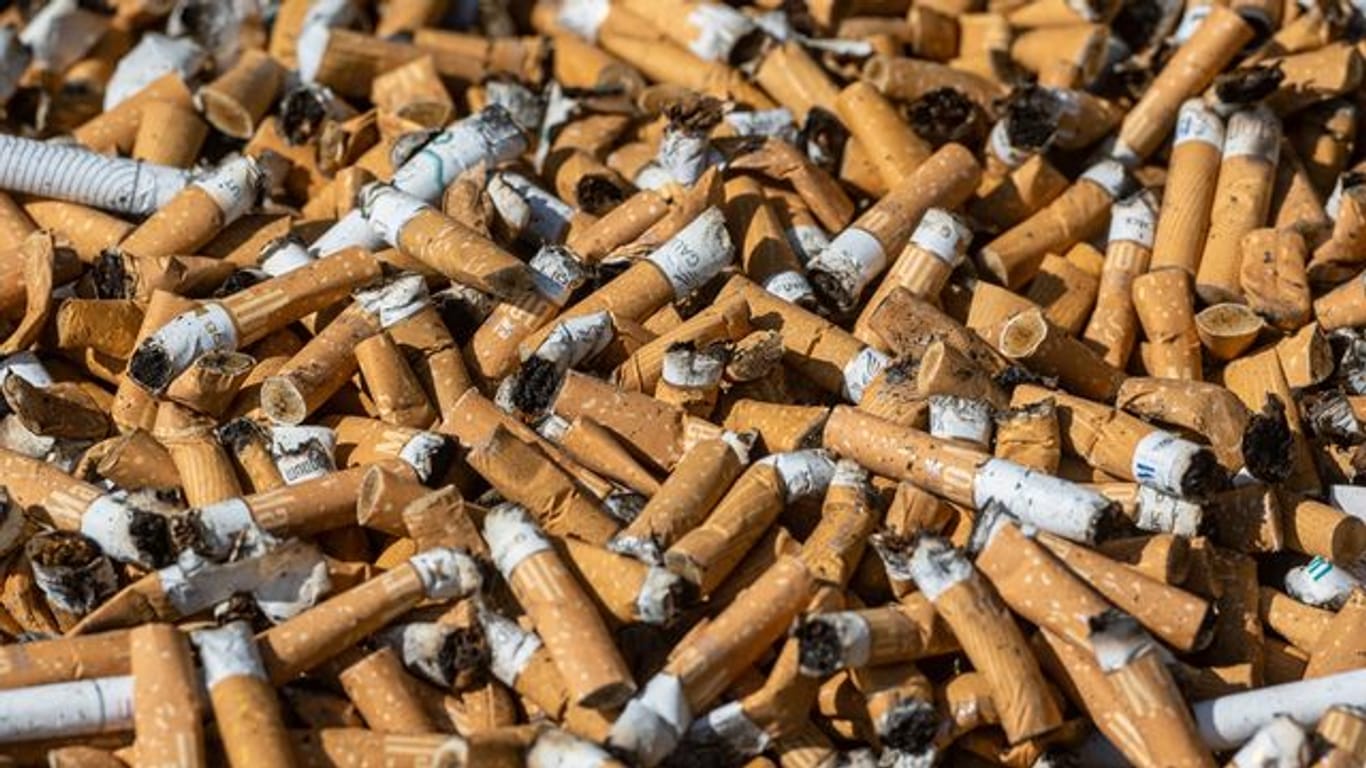 Zahlreiche Zigarettenkippen liegen in einem Sammelbehälter (Symbolbild): 3.000 Euro bekommt der Stadtteil, der die meisten Kippen einsammelt.