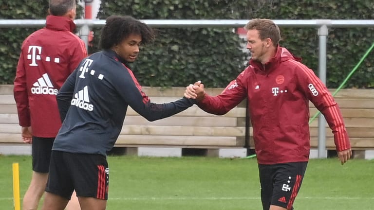 Julian Nagelsmann (r.) klatscht mit Joshua Zirkzee ab: Der Bayern-Trainer setzt auf einige Jungstars gegen Köln.