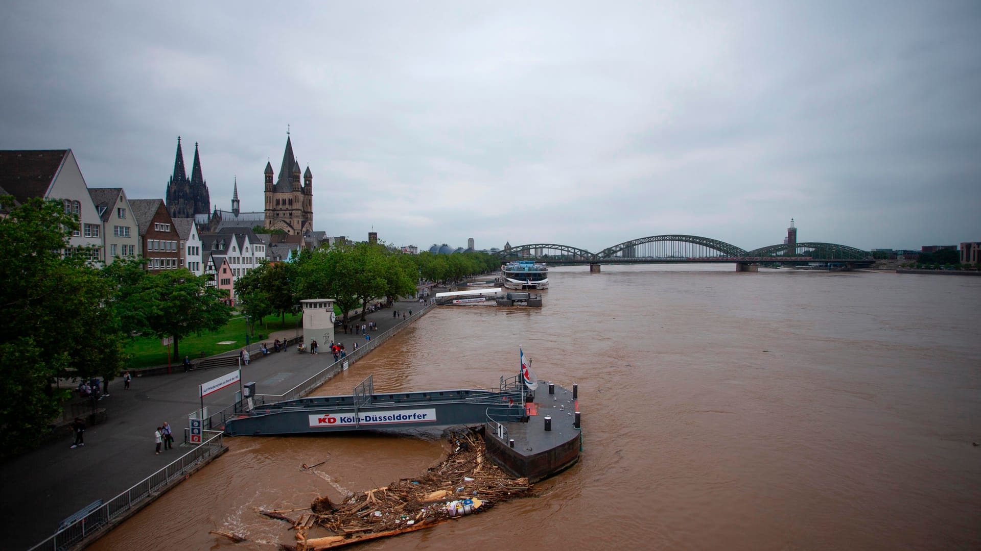 Blick auf den Rhein in Köln: Das Wasser ist vom Schlamm braun gefärbt.