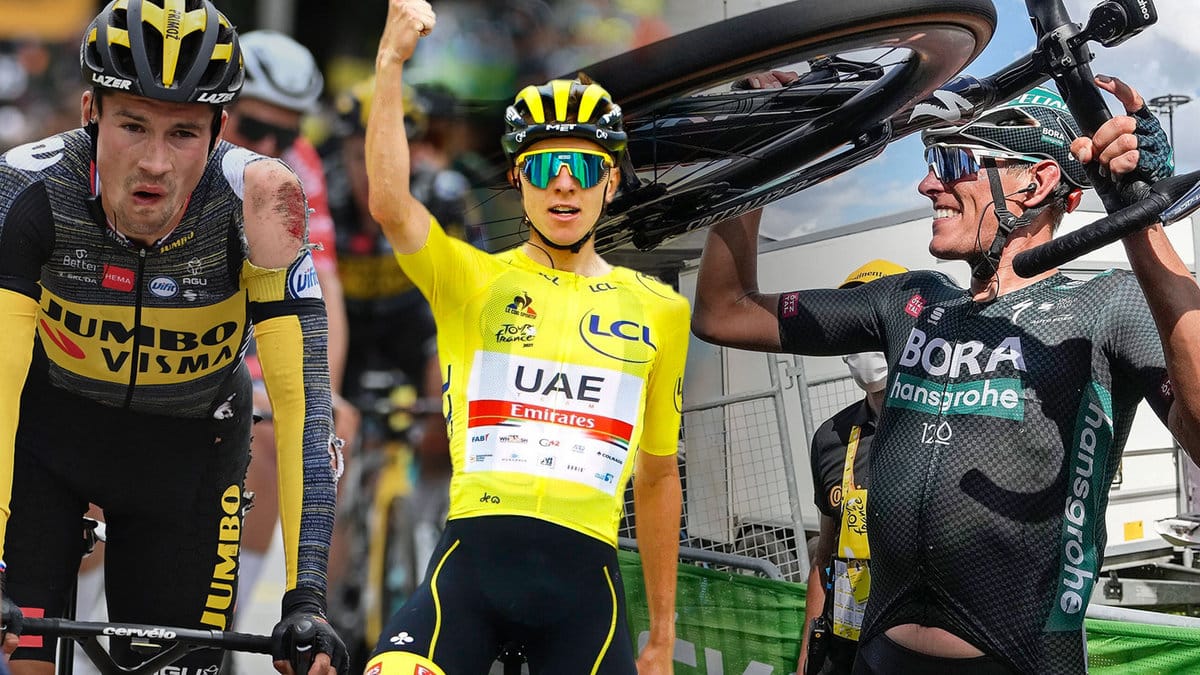 Gewinner und Verlierer der 108. Tour de France: Während Gesamtsieger Tadej Pogacar und der deutsche Etappensieger Nils Politt (r.) zu den Strählemännern gehörten, musste Mitfavorit Primoz Roglic sturzgeplagt aufgeben.