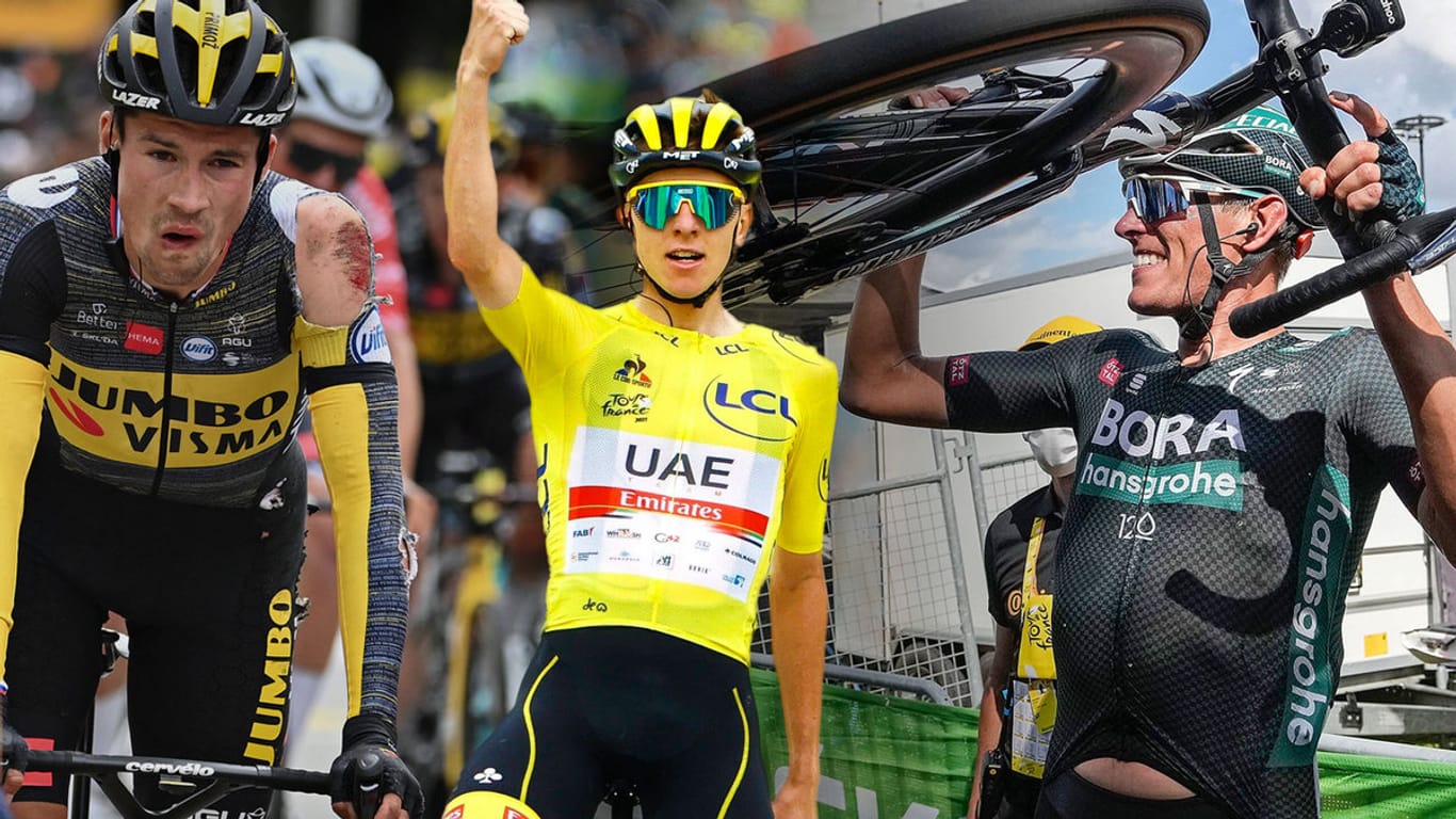 Gewinner und Verlierer der 108. Tour de France: Während Gesamtsieger Tadej Pogacar und der deutsche Etappensieger Nils Politt (r.) zu den Strählemännern gehörten, musste Mitfavorit Primoz Roglic sturzgeplagt aufgeben.