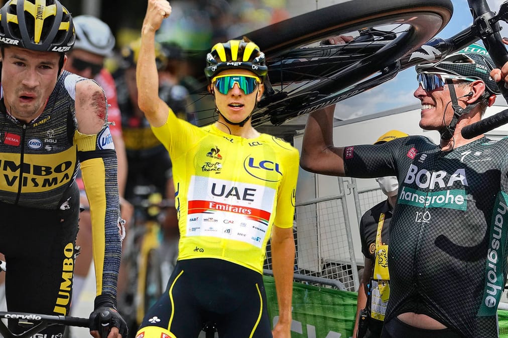 Gewinner und Verlierer der 108. Tour de France: Während Gesamtsieger Tadej Pogacar und der deutsche Etappensieger Nils Politt (r.) zu den Strählemännern gehörten, musste Mitfavorit Primoz Roglic sturzgeplagt aufgeben.