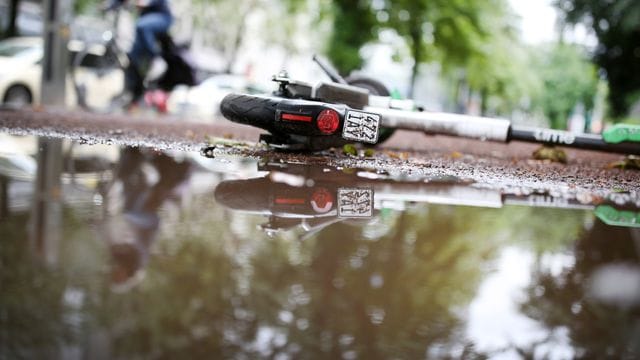 Ein umgestürzter E-Scooter liegt an einer Pfütze (Symbolbild): Im Rhein in Köln werden etwa 500 E-Scooter vermutet. Ein umgestürzter E-Scooter liegt an einer Pfütze (Symbolbild): Im Rhein in Köln werden etwa 500 E-Scooter vermutet.