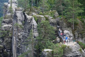 Touristen stehen im Nationalpark Sächsische Schweiz auf einer Aussichtsplattform (Archivbild): Trotz "lokal begrenzter" Hochwasserschäden blickt man auch hier optimistisch auf die Sommerferien.