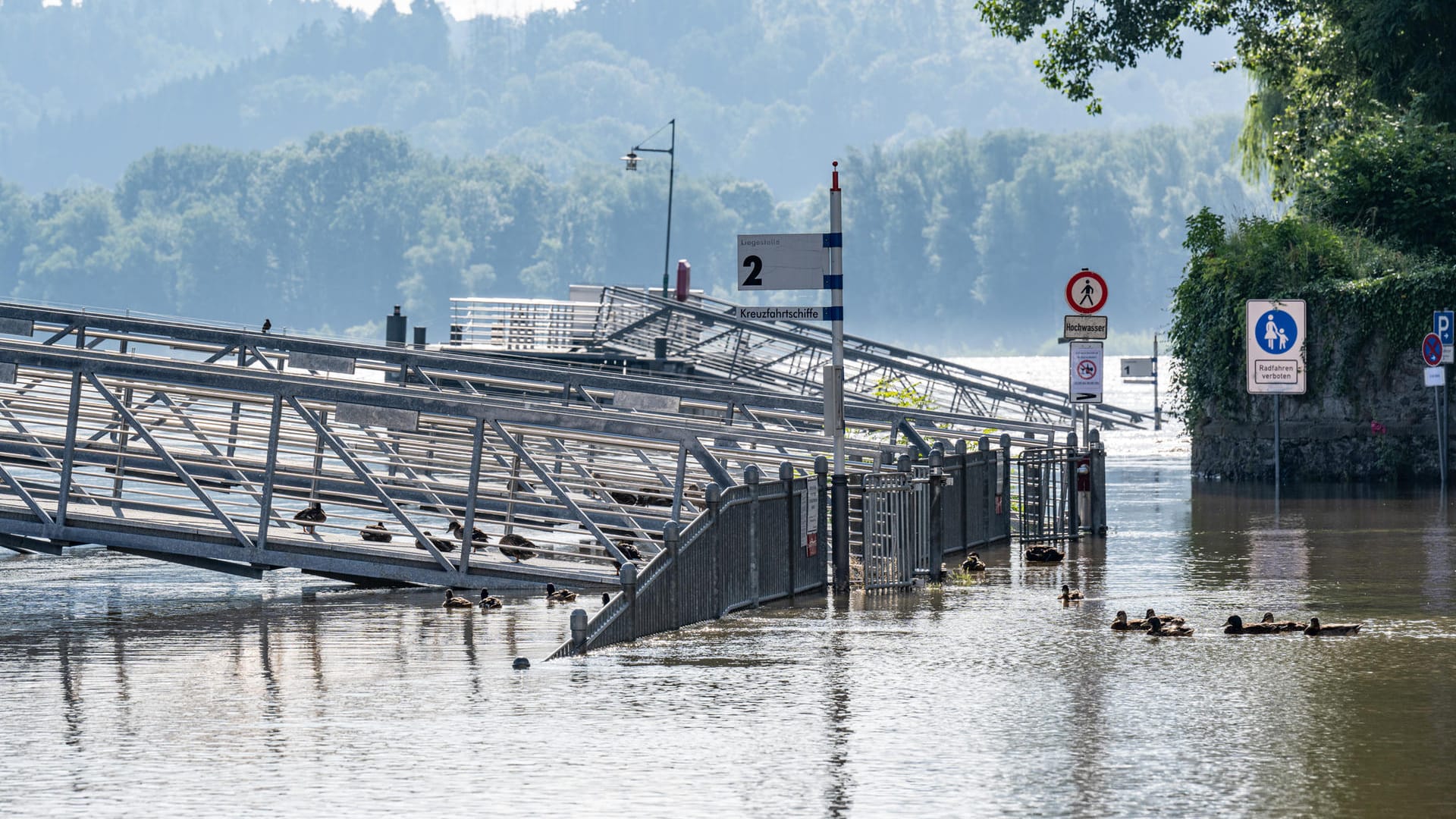 Schiffsstege stehen im Hochwasser der Donau: 100 Rettungskräfte waren an dem Einsatz beteiligt. Schiffsstege stehen im Hochwasser der Donau: 100 Rettungskräfte waren an dem Einsatz beteiligt.