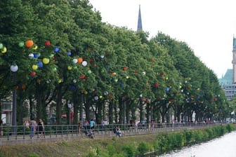 Lampions hängen in den Bäumen an der Binnenalster