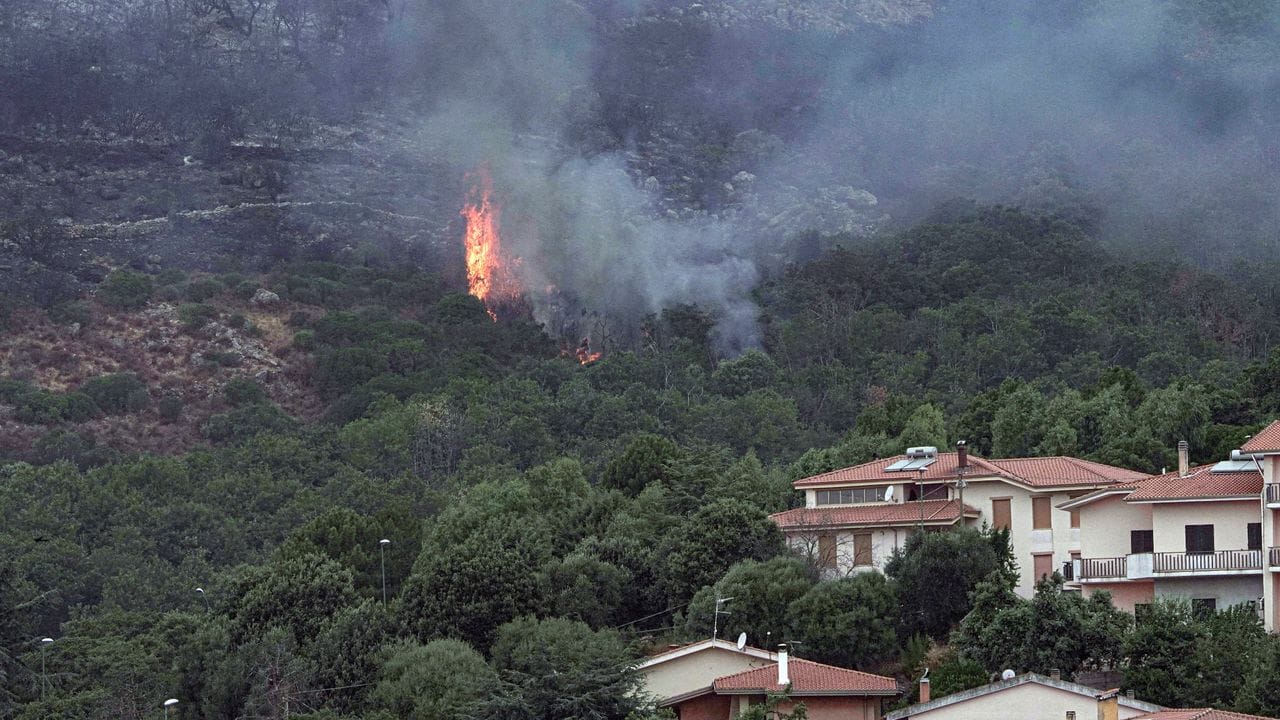 Nur wenige Mete von den Häusern des Ortes Cuglieri entfernt schlagen Flammen aus einem Waldgebiet.