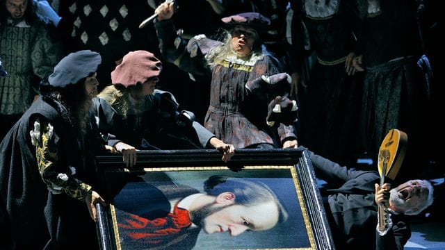 Chor und Statisten sowie Johannes Martin Kränzle als Sixtus Beckmesser in "Die Meistersinger von Nürnberg". Chor und Statisten sowie Johannes Martin Kränzle als Sixtus Beckmesser in "Die Meistersinger von Nürnberg".