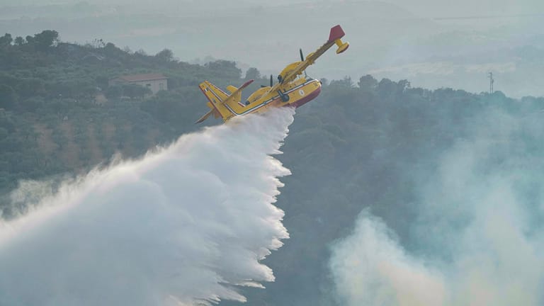 Ein Flugzeug wirft Wasser über Sardinien ab: Die Feuerwehr zählt 240 Brände in ganz Italien..
