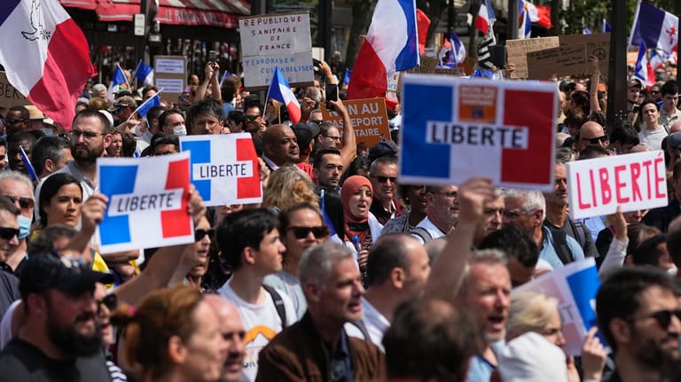 Corona-Protest in Paris: Demonstranten halten Schilder mit dem Wort "Freiheit" hoch.