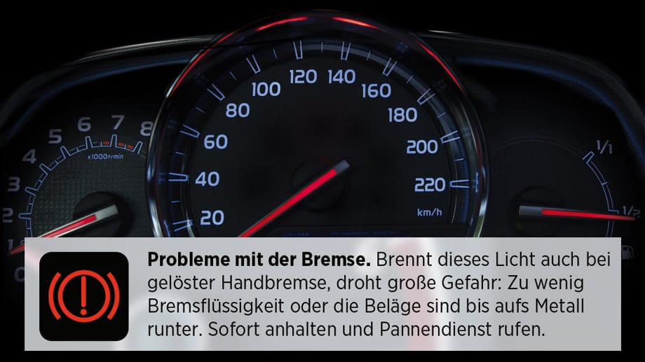 Kontrollleuchten im Auto: Bei diesem Symbol gibt es Probleme mit der Bremse.