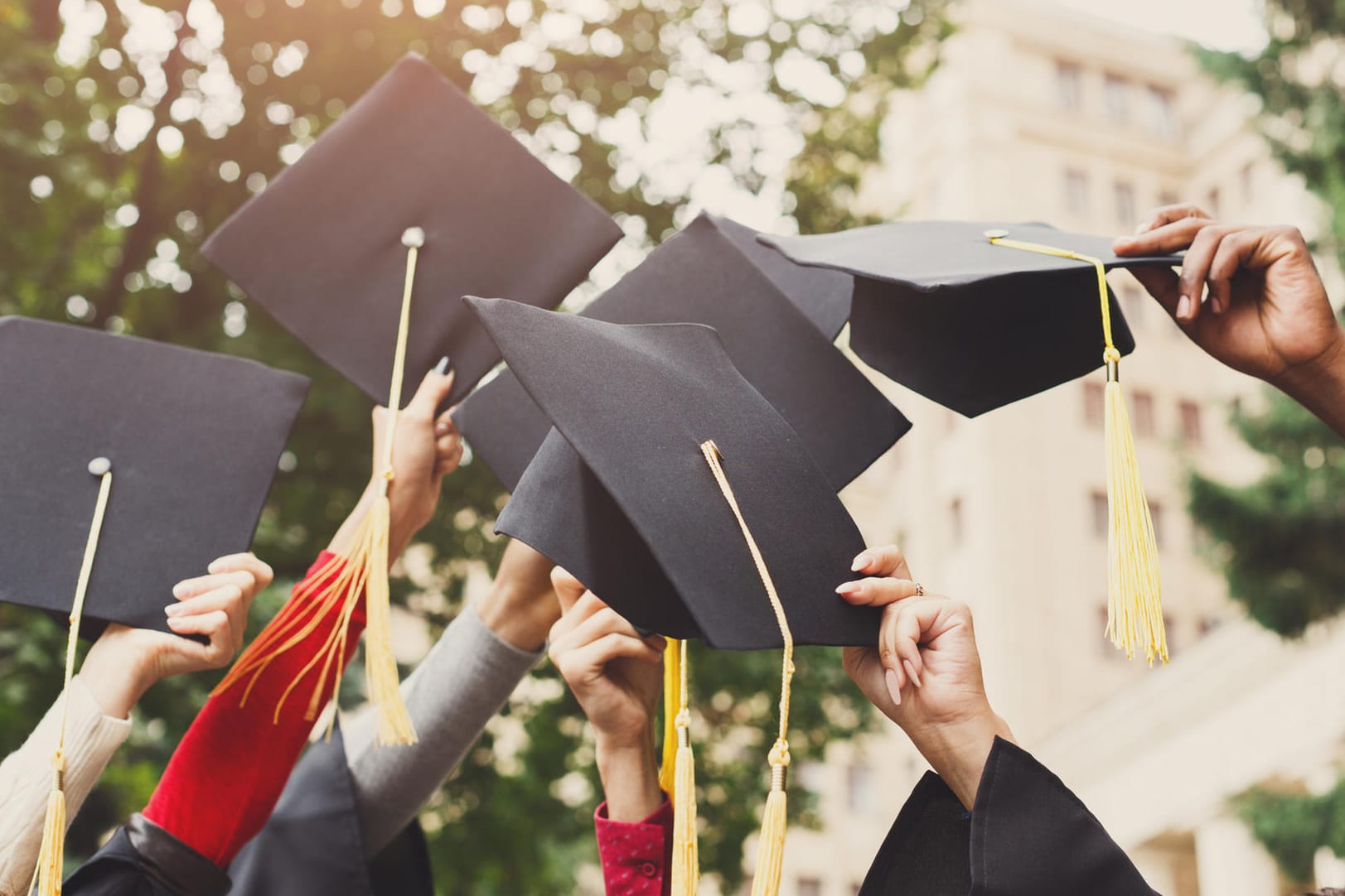 Studenten werfen ihre Hüte in die Luft: Ein Studium oder Praktikum im Ausland muss kein Traum bleiben. Bei der Finanzierung kann der Staat unter die Arme greifen.