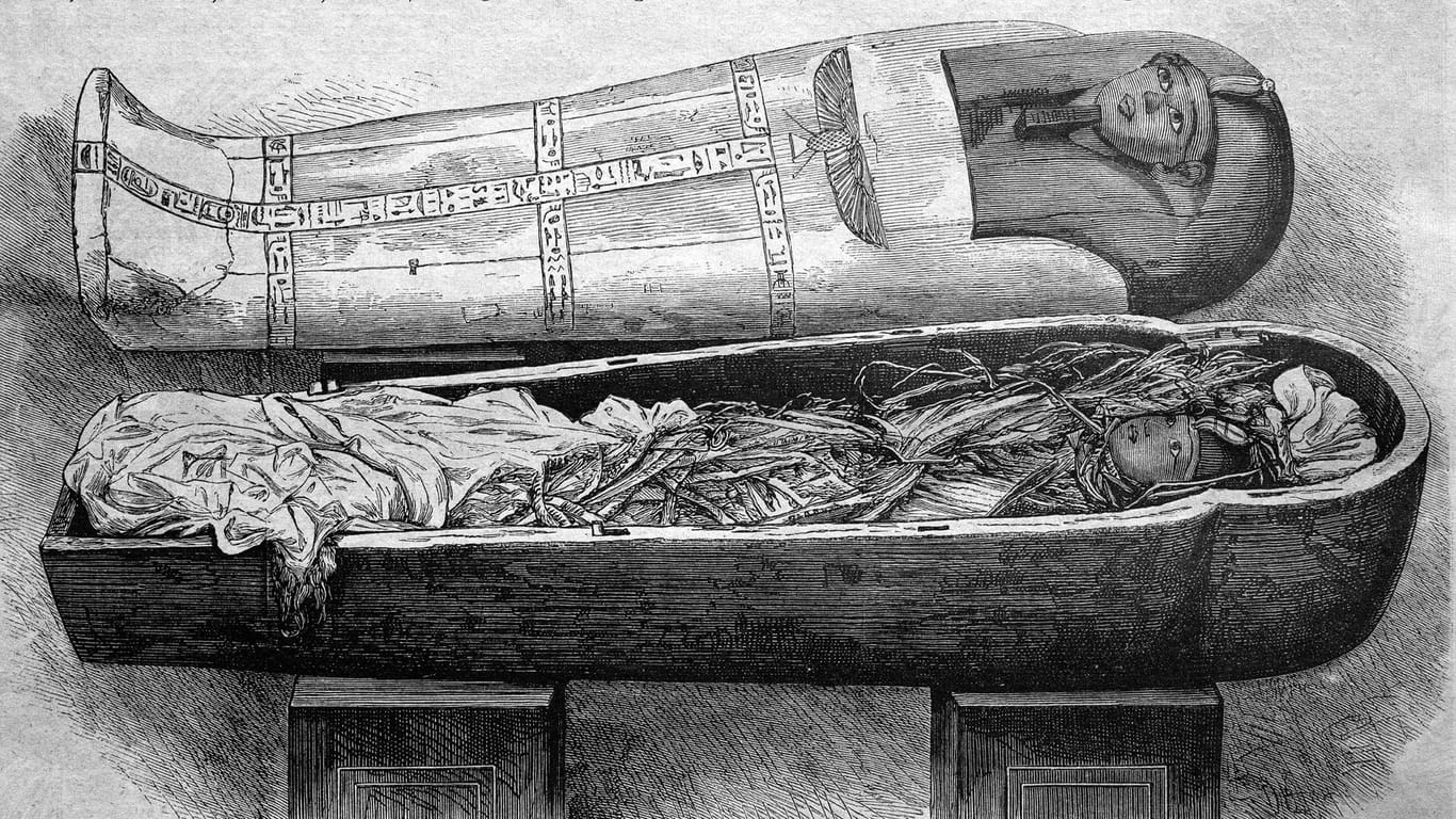 Mumie des Pharaoh Amenophis I. (historischer Stich): Wie sein Vater Ahmose I. führte er Feldzüge in Nubien durch.