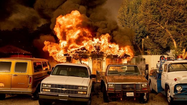Flammen des "Sugar Fire" schlagen aus einem Wohnhaus.