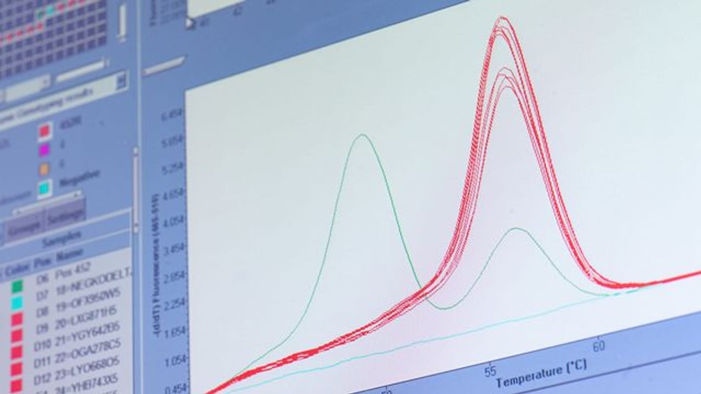 Eine rote "Schmelzkurve" zeigt auf einem Monitor im Labor von Bioscientia die "Delta-Variante" des Virus.