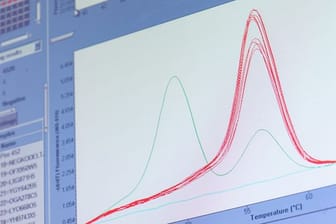 Eine rote "Schmelzkurve" zeigt auf einem Monitor im Labor von Bioscientia die "Delta-Variante" des Virus.