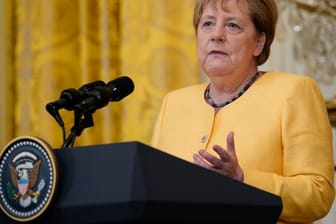 Bundeskanzlerin Angela Merkel spricht während einer Pressekonferenz im Weißen Haus.