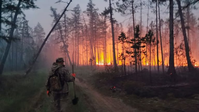 Freiwillige löschen einen Waldbrand in der Republik Sacha, auch bekannt als Jakutien.
