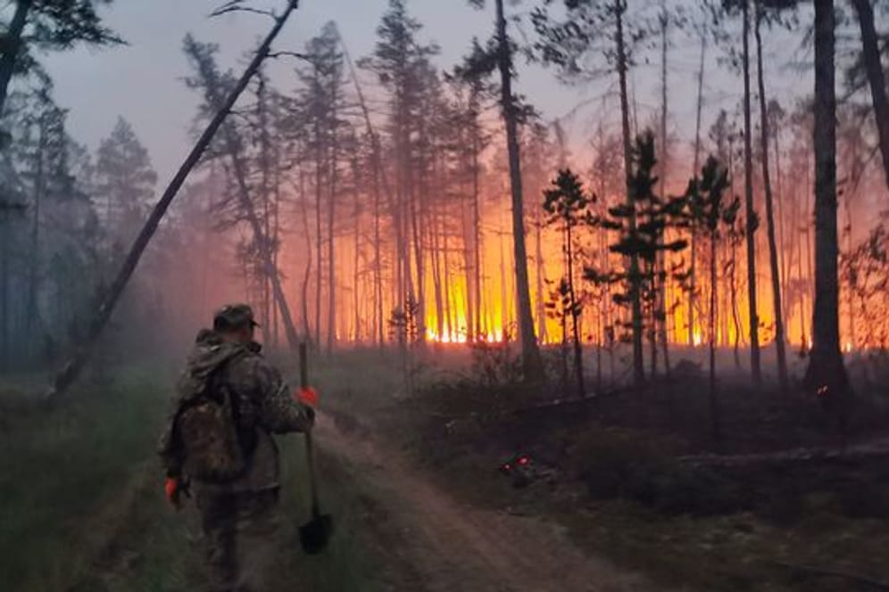 Freiwillige löschen einen Waldbrand in der Republik Sacha, auch bekannt als Jakutien.