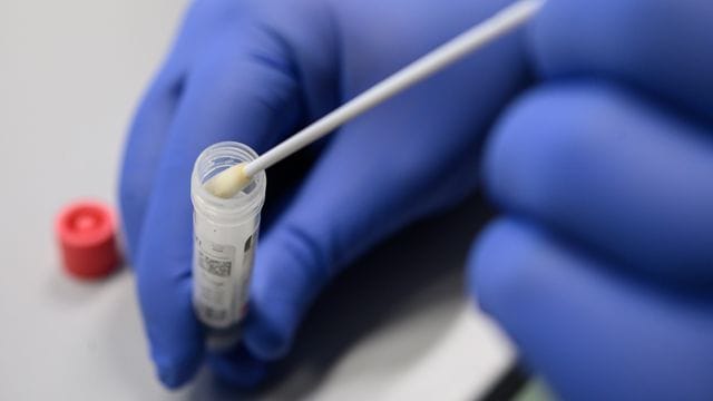 Ein Mann zeigt einen Abstrich für das Testverfahren auf das Virus Sars-CoV-2 (Symbolbild): In Deutschland ist die Corona-Inzidenz weiter gestiegen.