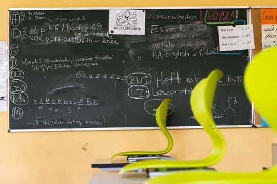 Stühle auf Tischen in einem leeren Klassenzimmer einer Realschule.