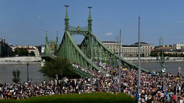 Menschen gehen bei der Gay Pride Paradein Budapest über die Freiheitsbrücke. Menschen gehen bei der Gay Pride Paradein Budapest über die Freiheitsbrücke.