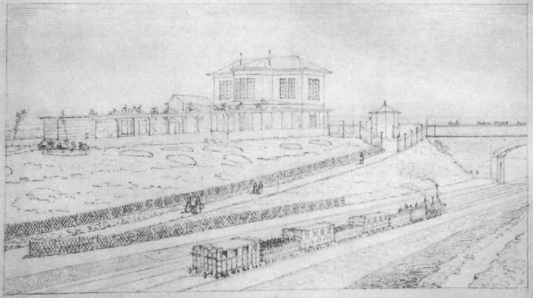 Eine Skizze des Bahnhofs Müngersdorf aus der ersten Hälfte des 19. Jahrhunderts: Auf der Anhöhe sieht man das Empfangsgebäude.
