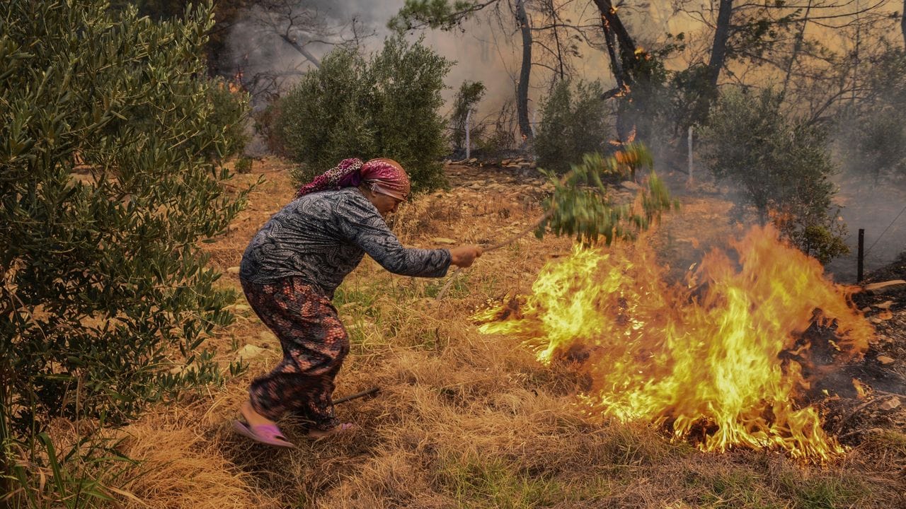 Eine Frau versucht mit einem Zweig ein Feuer auszuschlagen.