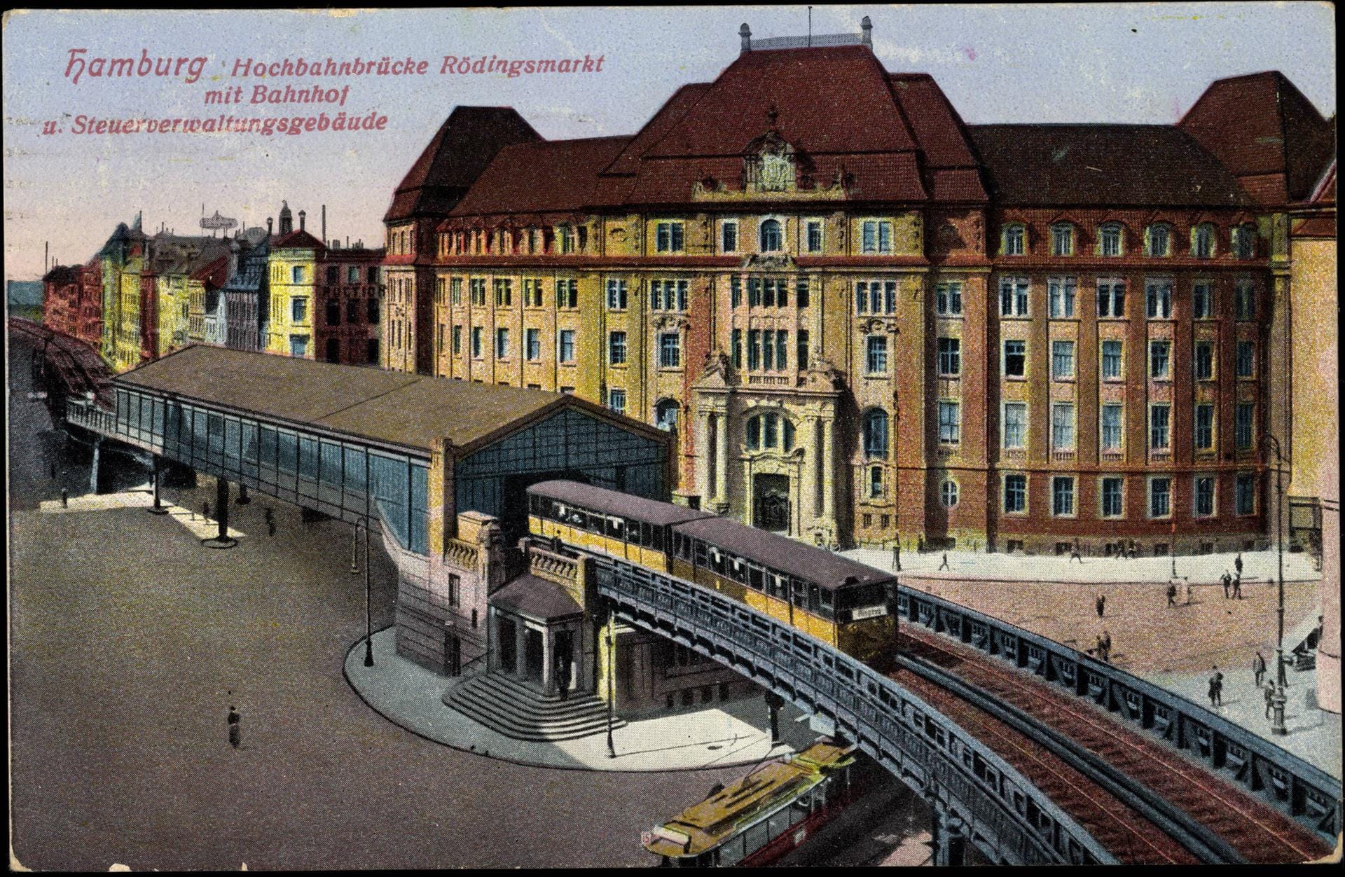 Die Hochbahnbrücke am Bahnhof Rödingsmarkt 1926: Im Hintergrund befindet sich das damalige Steuerverwaltungsgebäude.