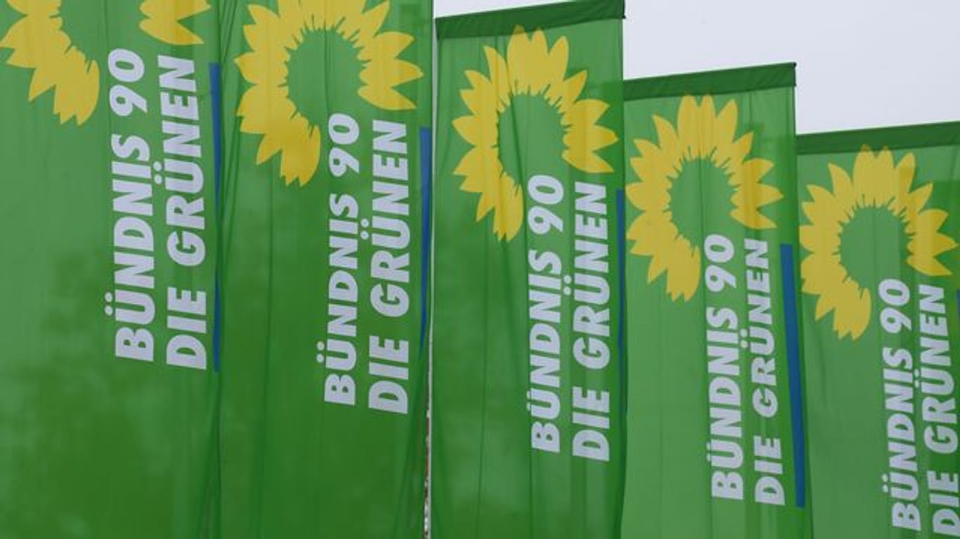Fahnen der Partei Bündnis 90 Die Grünen wehen im Wind